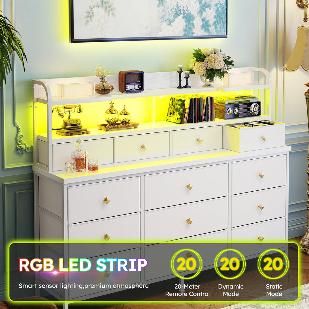 13 Drawer Fabric Dresser with LED Lights and Shelves