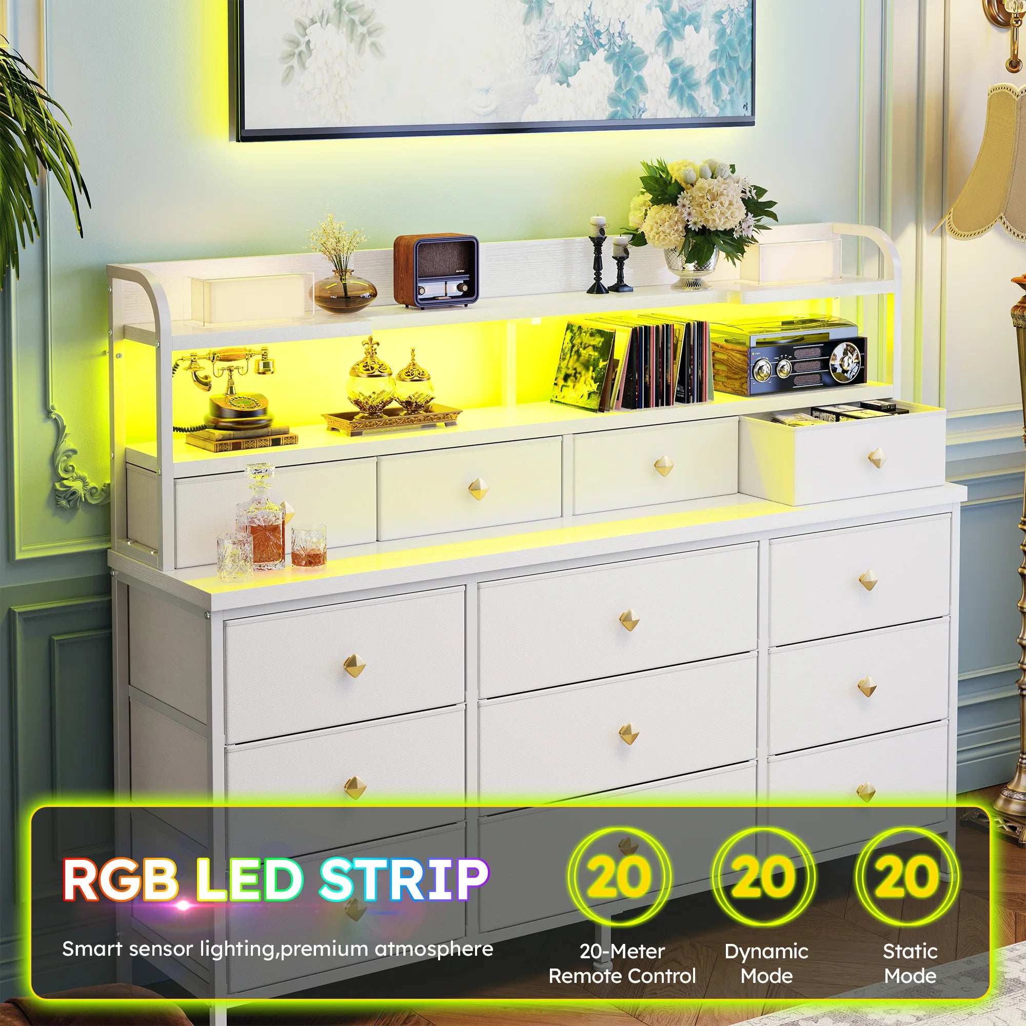 13 Drawer Fabric Dresser with LED Lights and Shelves