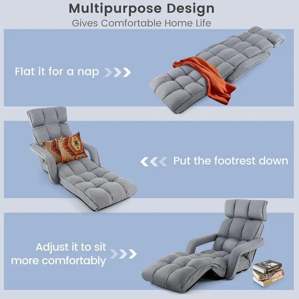 Gray 6-Position Adjustable Padded Lounger Bed with Armrest
