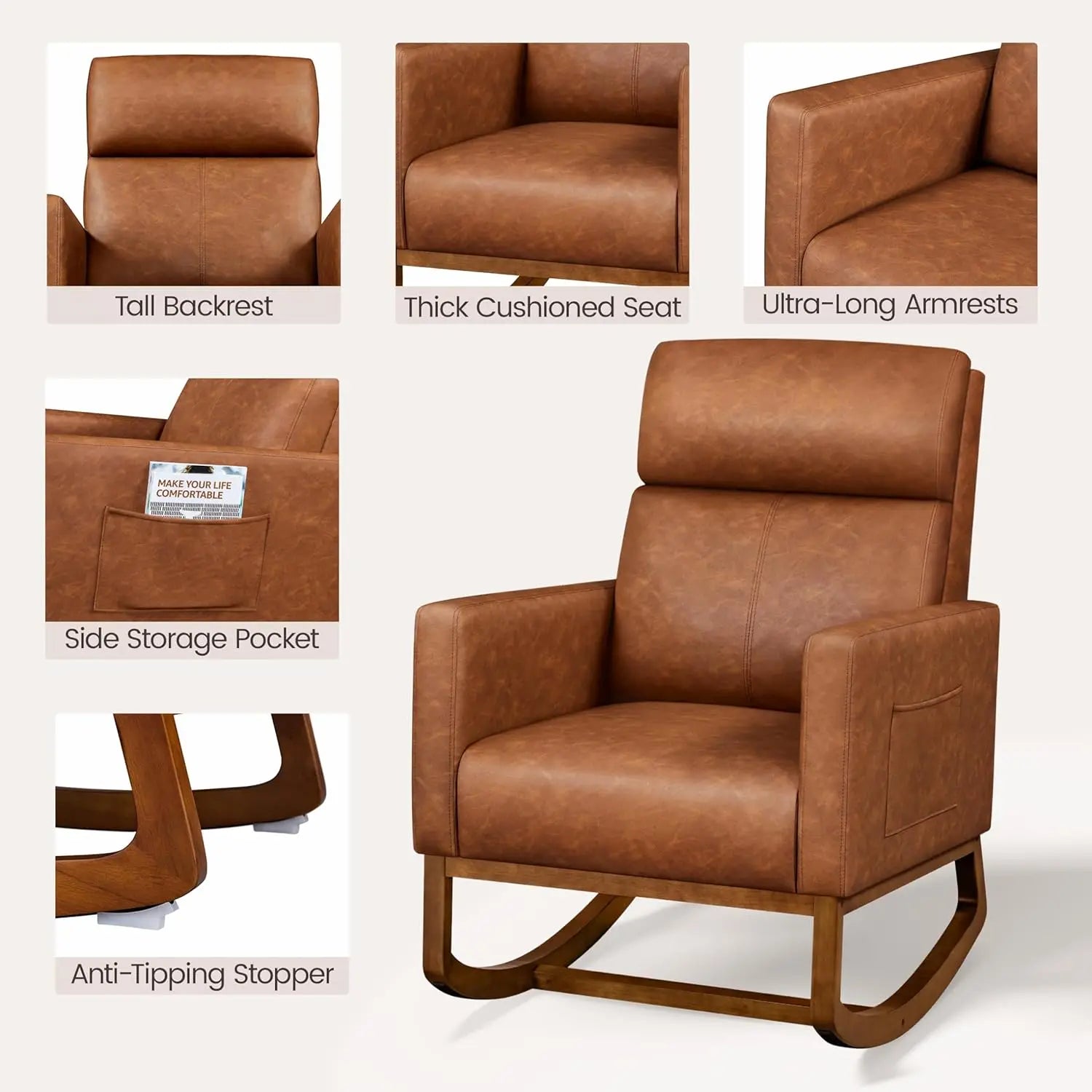 Leather Rocking Chair High Back Side Pocket Wood Legs