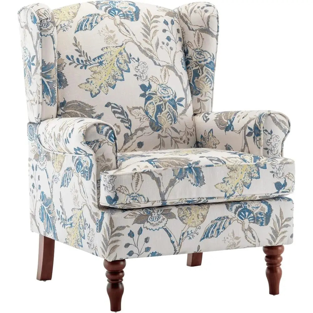 Upholstered High Back Armchair with Solid Wood Legs,
