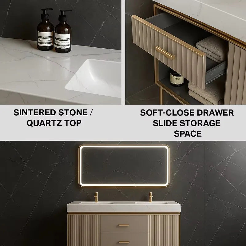 Luxury Double Basin Vanity with Stainless Steel Marble Countertop