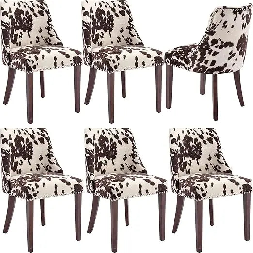 Linen Dining Chairs Set of 6 Upholstered Accent Chair with Nailhead Trim & Solid Wood Legs, Mid Century Modern Side Chair for Ki