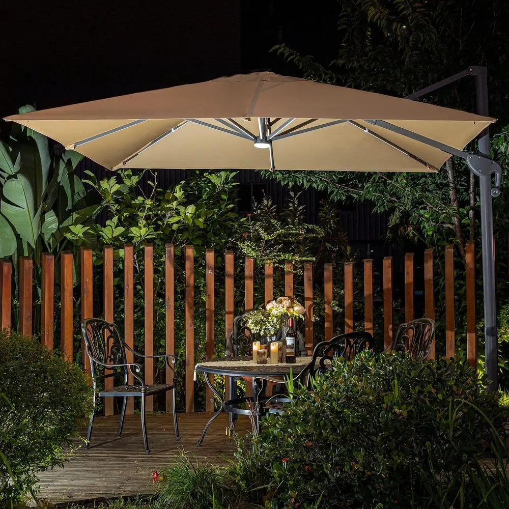 LEAF 12FT Patio Umbrella Square Cantilever Umbrella Teak Finished Aluminum Frame Large Windproof Offset Outdoor Sun Umbrellas f