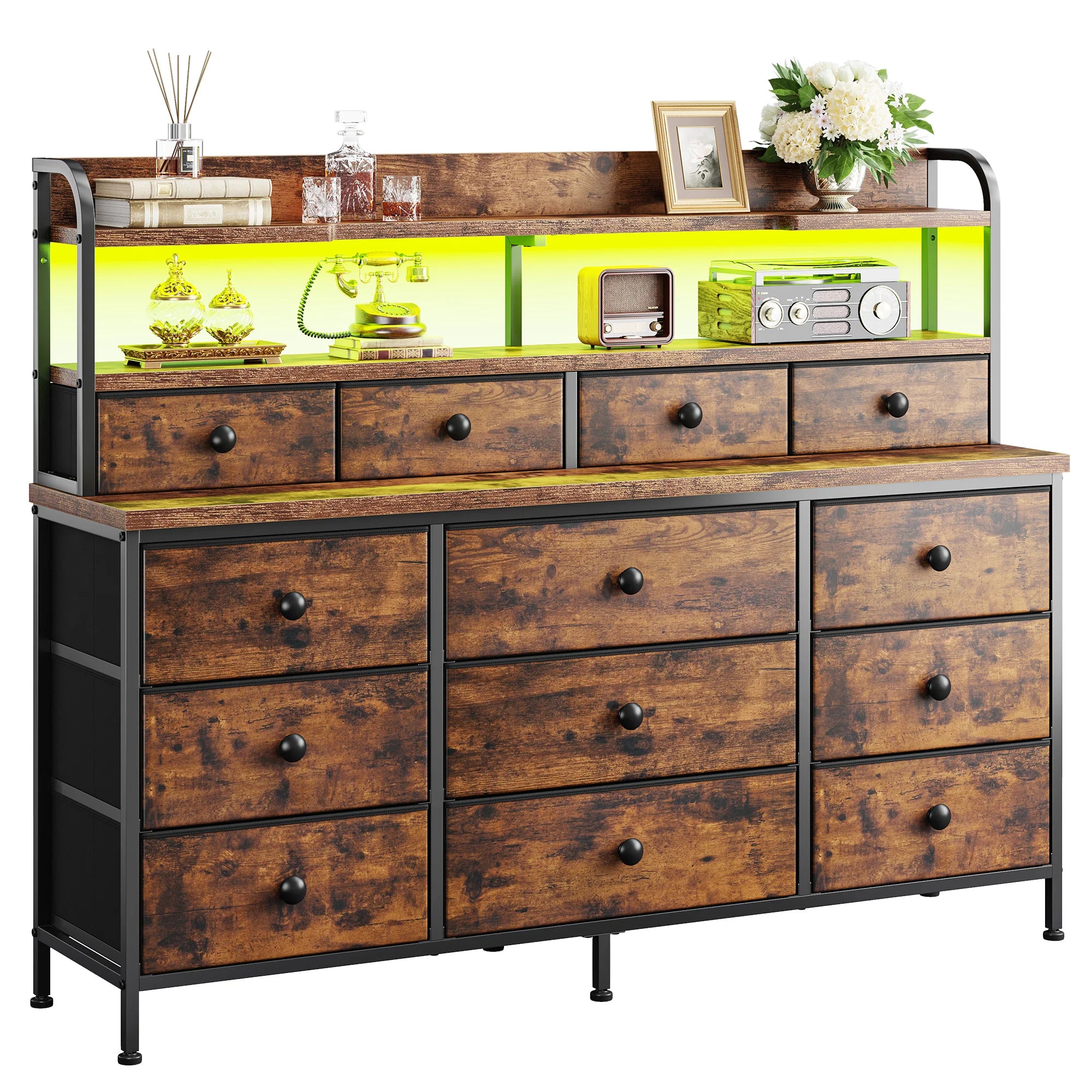 13 Drawer Fabric Dresser with LED Lights and Shelves