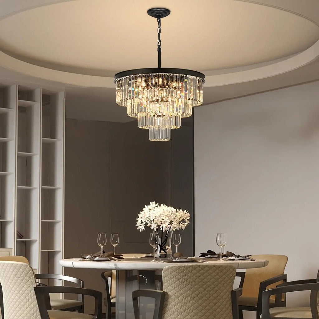 Layered Round Crystal Chandelier 15 Light Black Modern Dining Living Room Bedroom Entryway Kitchen Island 24 Inch