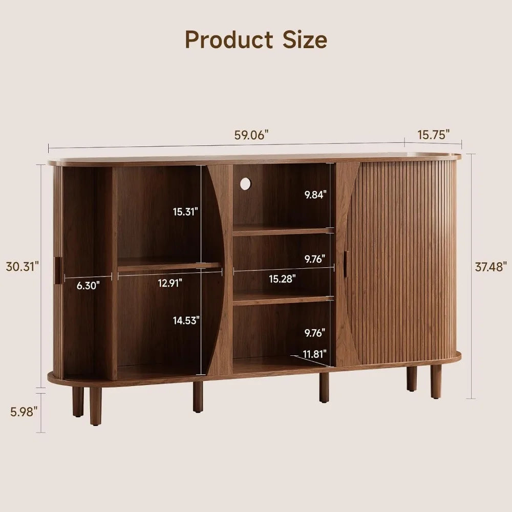 Curved Buffet Cabinet with Adjustable Shelves and Sliding Doors