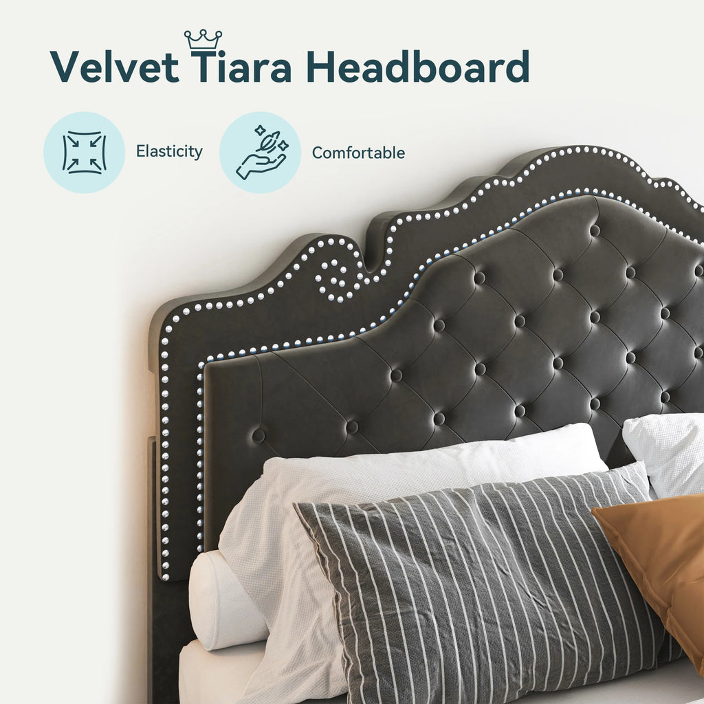 Full/Queen/King Size Velvet Bed Frame with Adjustable Tiara Headboard,