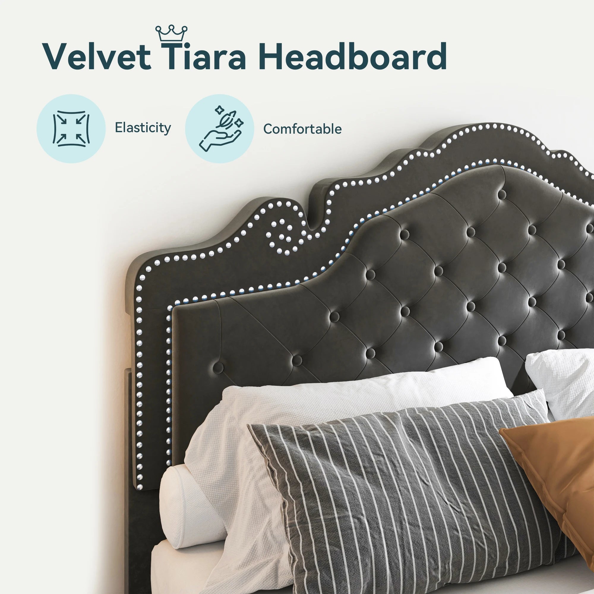 Full/Queen/King Size Velvet Bed Frame with Adjustable Tiara Headboard,