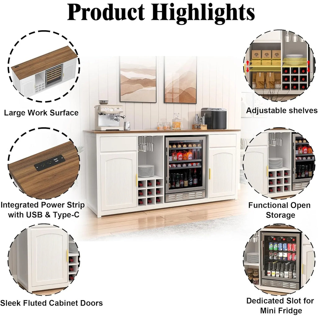 Extra Long Bar Cabinet with Fridge Space Wine Liquor Storage