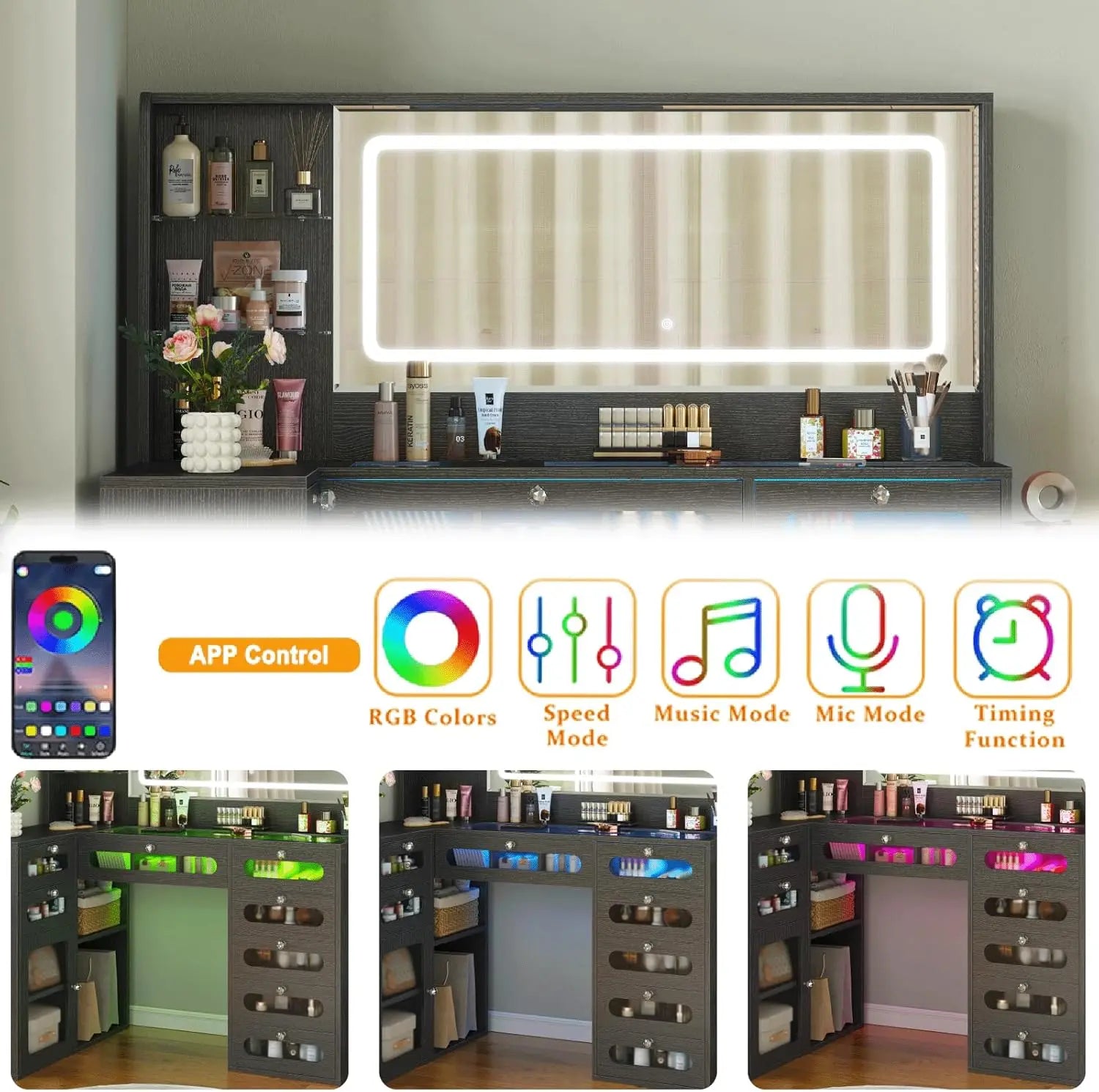 Makeup Vanity for Women with Mirror and Lights, 8 Drawers