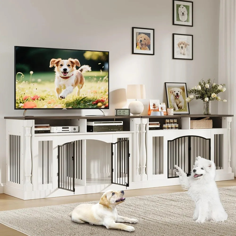 Roman Column 63 Inch Large Dog Crate Furniture for 2 Dogs with Open Storage, Heavy Duty Dog Kennel Entertainment Table TV Stand for Small and Medium Dogs