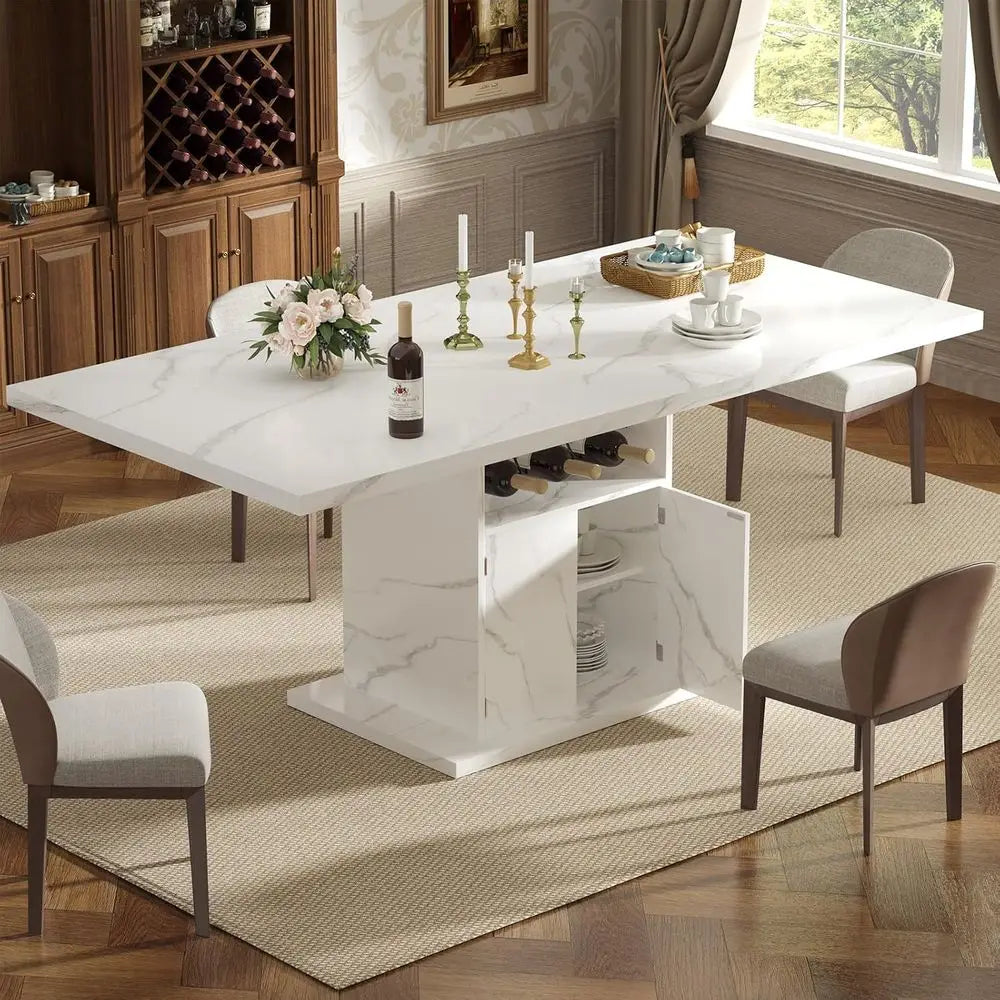 Expandable Marble Top Dining Table, Seats 4-6, 47-63 Inches with Storage