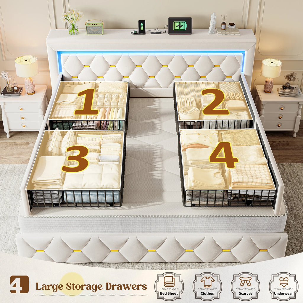 LED Bed Frame with 4 Storage Drawers Platform Bed