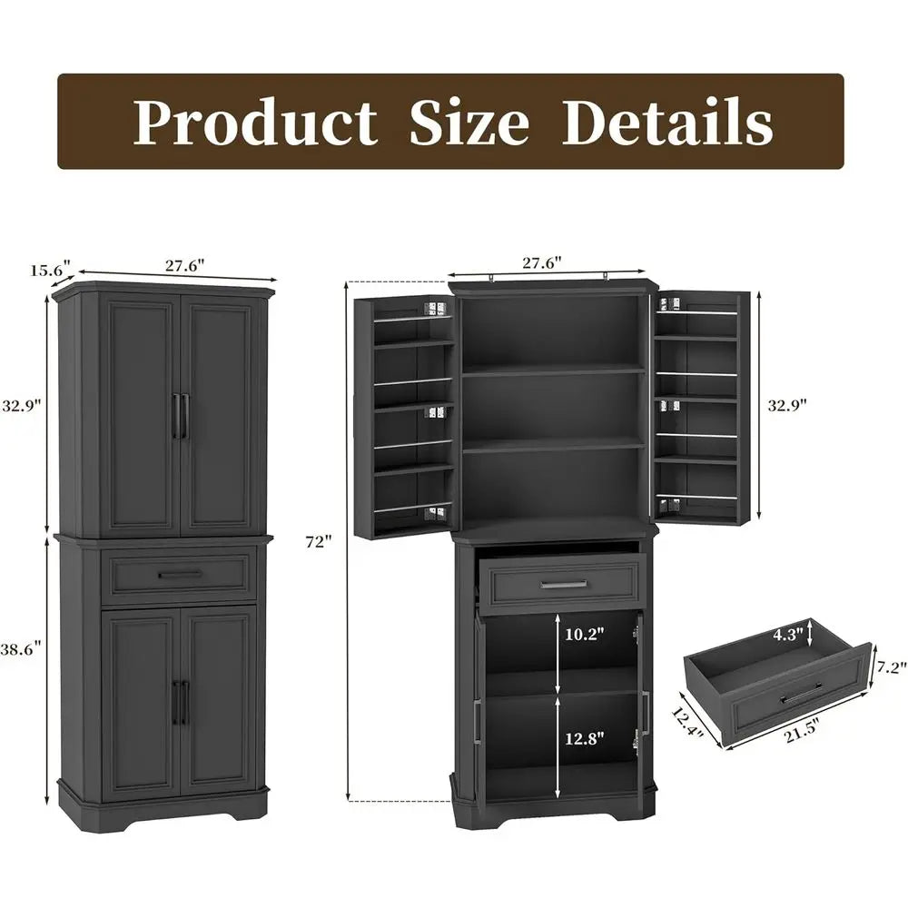 72-inch Tall Freestanding Wood Kitchen Pantry Cabinet with 4 Doors, Hutch, Spice Racks, and Adjustable Shelves for Kitchen and D
