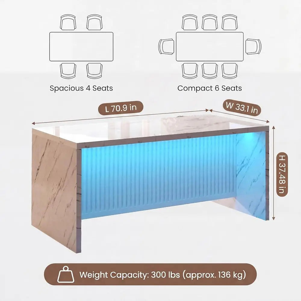 71’’ Large aux Marble Dining Table or 6 People, 37.4’’H Tall ern Kitchen Island with LED Lights, RecKitchen Dining Table or Home