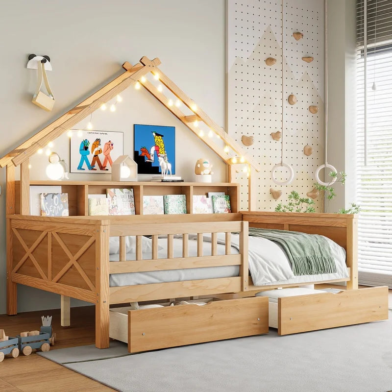 Natural Wood Full Size Platform Bed with LED,