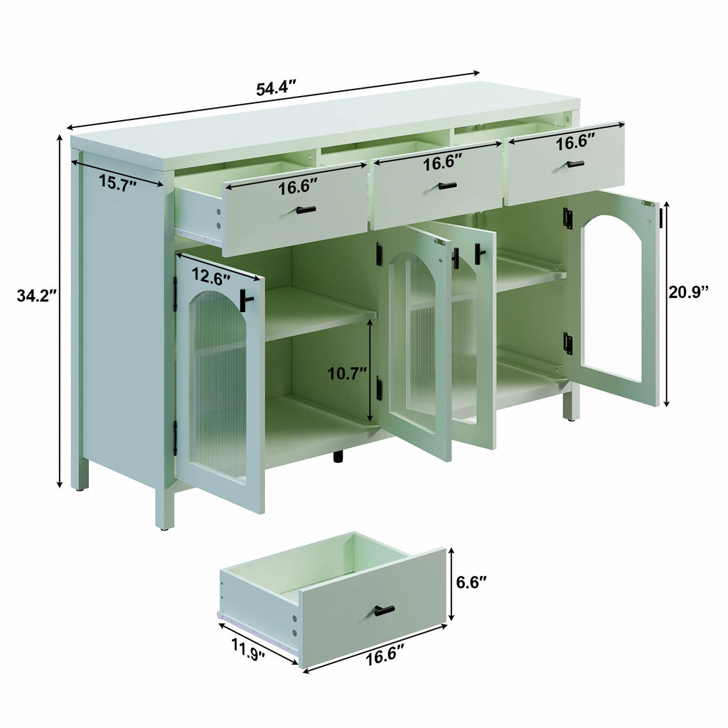 54.4" Sideboard Buffet Cabinet with Storage, Farmhouse Credenza with 3 Drawers & 4 Arched Fluted Glass Doors, Kitchen Coffee Bar for Dining Room, Living Room (Green)