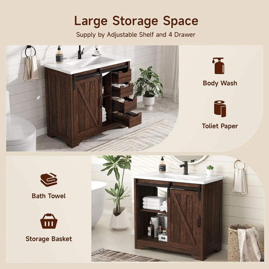 36" Bathroom Vanity with Sink Combo, Farmhouse Sliding Barn Door