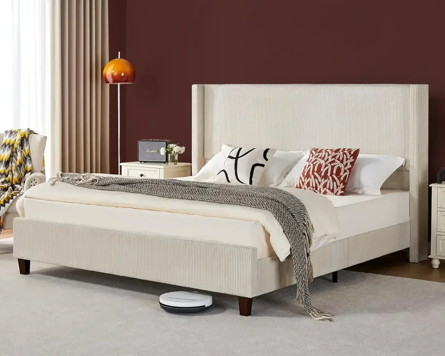 King Size Platform Bed Frame, 50.8" Corduroy Upholstered Bed with Vertical  Slats/Wingback