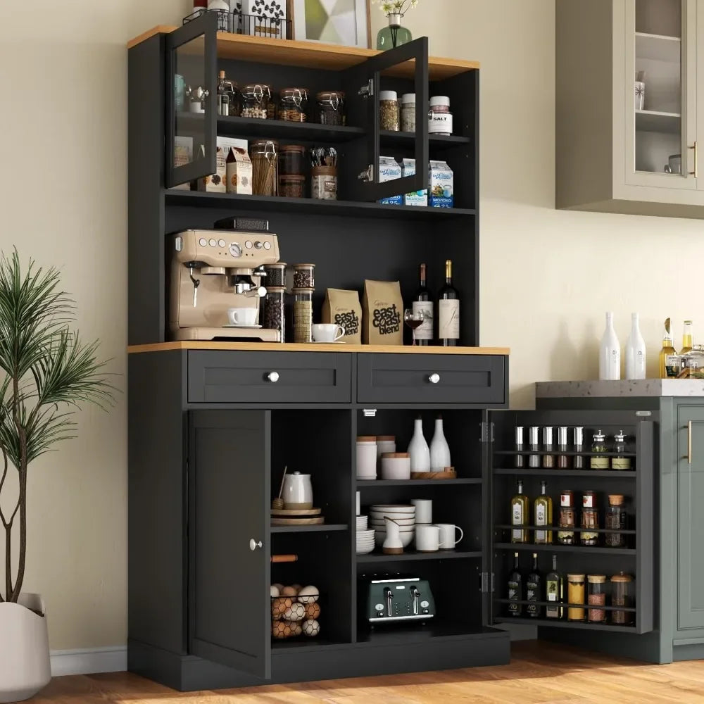 Modern Kitchen Hutch with Microwave Stand, Kitchen Pantry Storage Cabinet with 2 Darwers & Door Shelf，Tall Pantry Cabinet