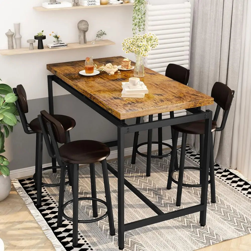 Industrial-Style Counter Height Bar Table Set with 4 Leatherette Stool Chairs, Ideal for Small Spaces