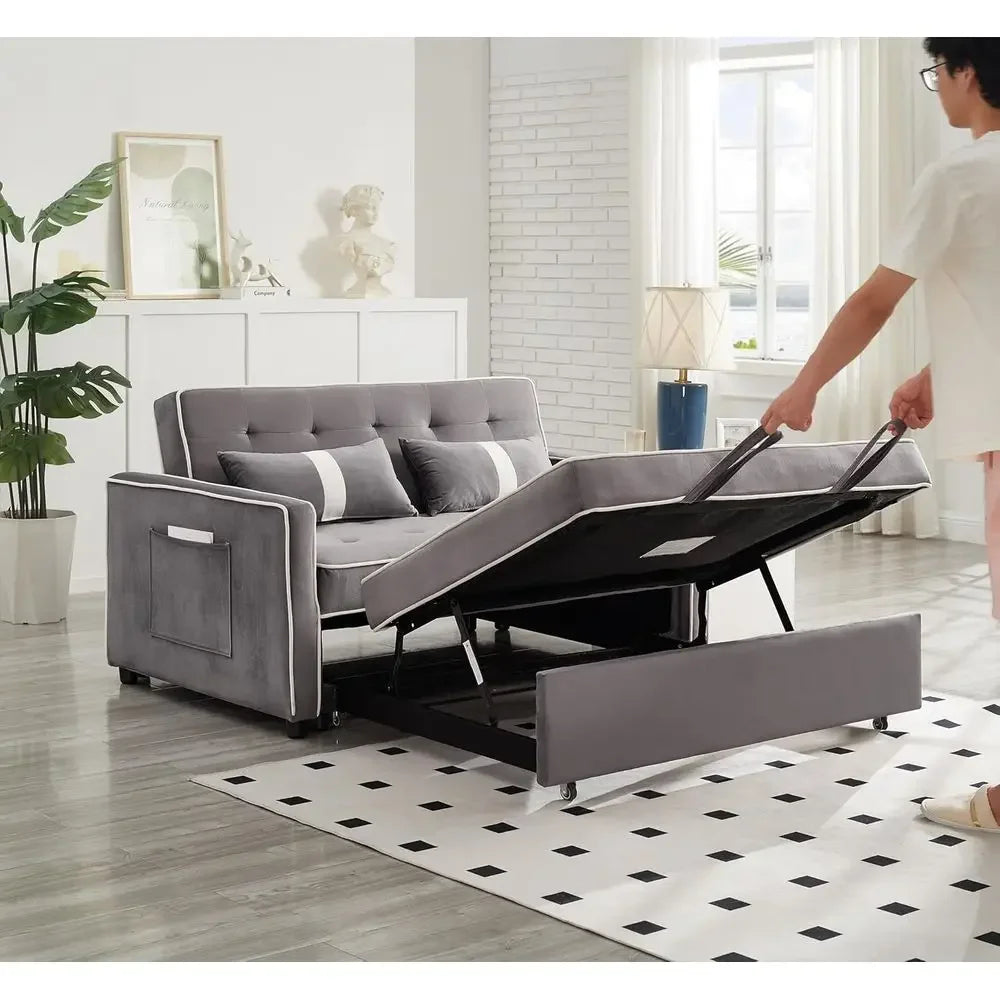 Grey Velvet Convertible Sleeper Sofa Bed