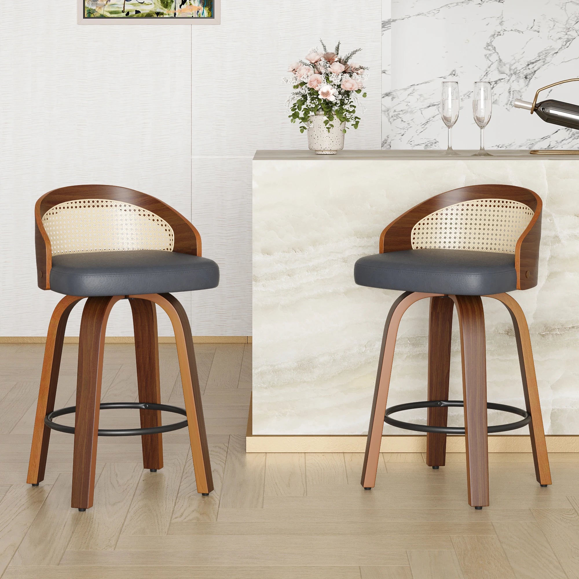 Set of 2 Swivel Bar Kitchen Stools, Modern Wood Frame with Rattan Back,