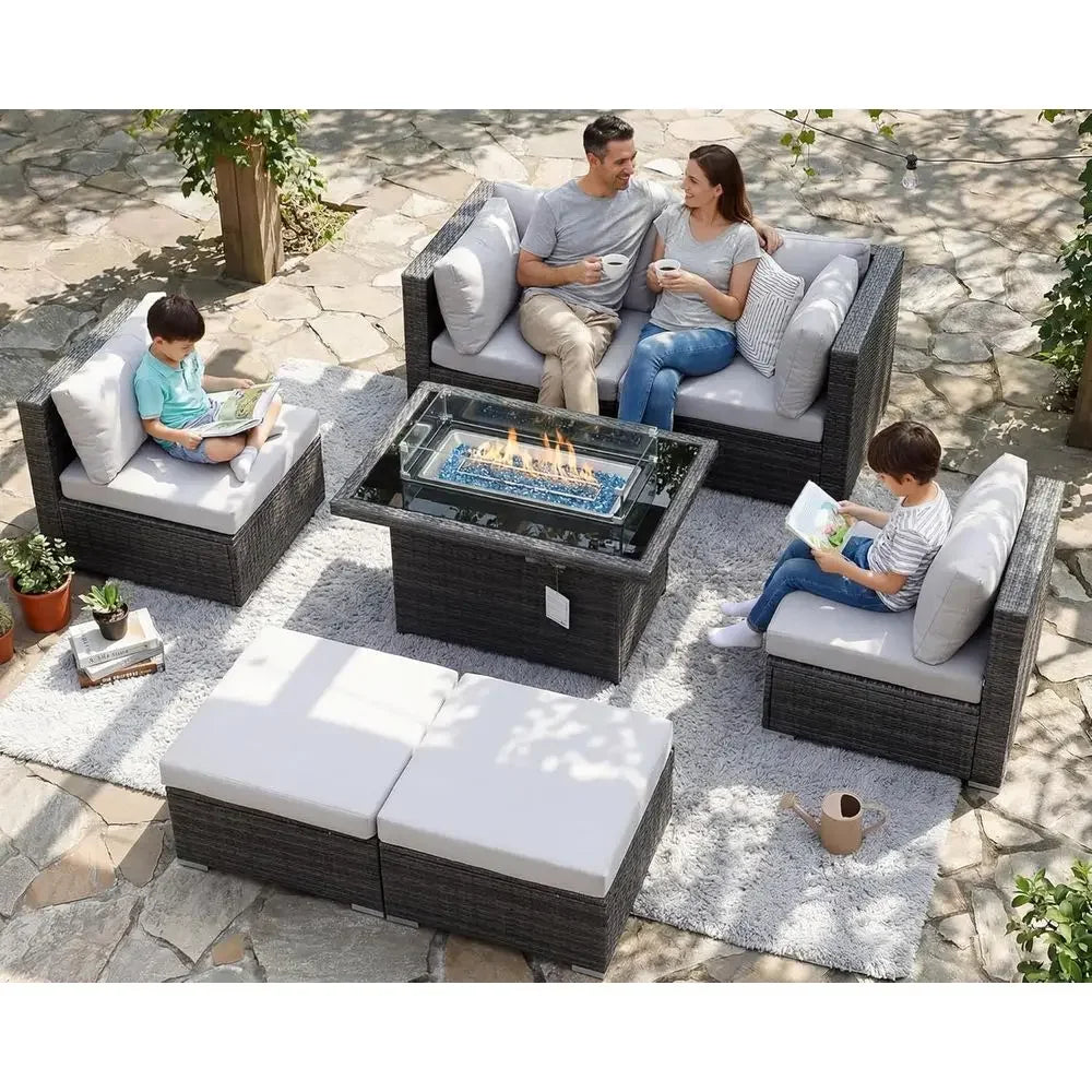 7 Piece High Back Outdoor Sectional Set with Fire Pit Table