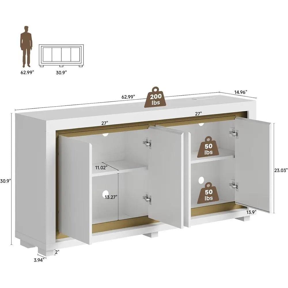 Kitchen Sideboard Cabinet with Power Outlets, LED Light, 4 Doors - White