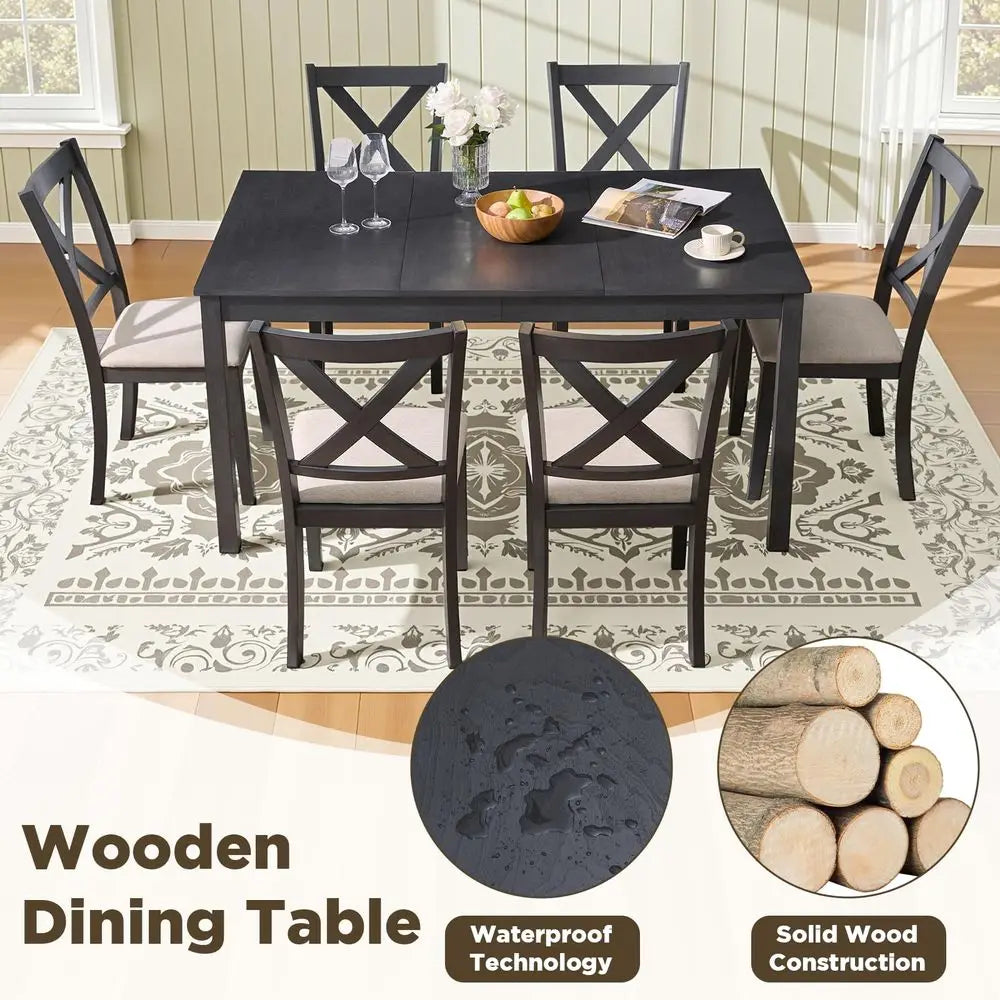 7 Piece Solid Wood Dining Table Set