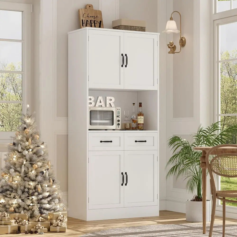 71-inch Tall White Kitchen Pantry Cabinet with Microwave Stand and Hutch for Dining Room Storage
