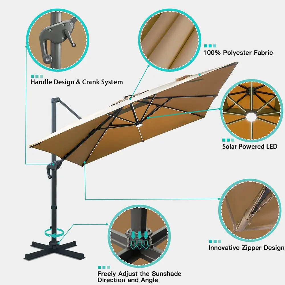 LEAF 12FT Patio Umbrella Square Cantilever Umbrella Teak Finished Aluminum Frame Large Windproof Offset Outdoor Sun Umbrellas f