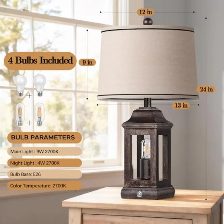 24" Rustic Farmhouse Table Lamps for Living Room, Single Pack Touch Dimmable Nightlight Vintage Bedside Lamps with USB A+C Port