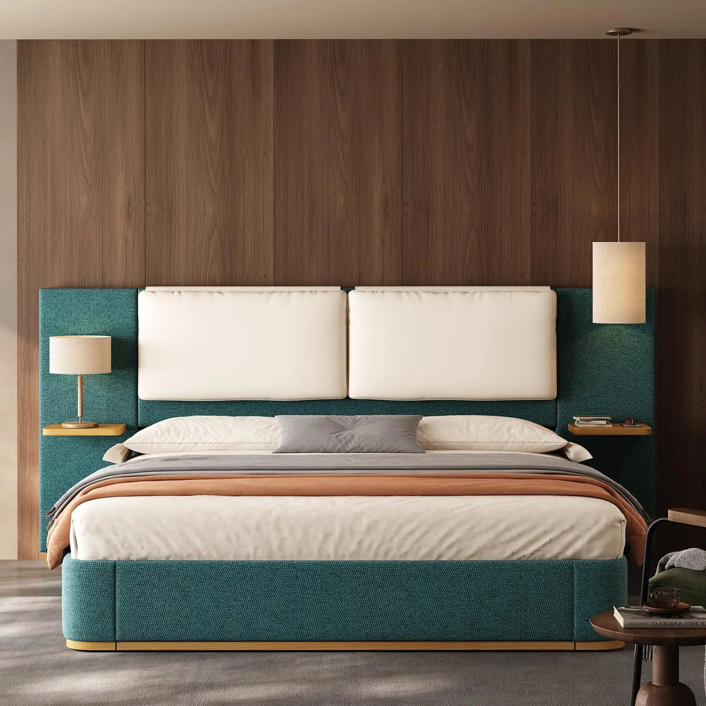 Queen Size Upholstered Bed Frame with integrated Shelves,Thick Headboard and Footboard,Wooden Structure Solid, Noise-Free,No B
