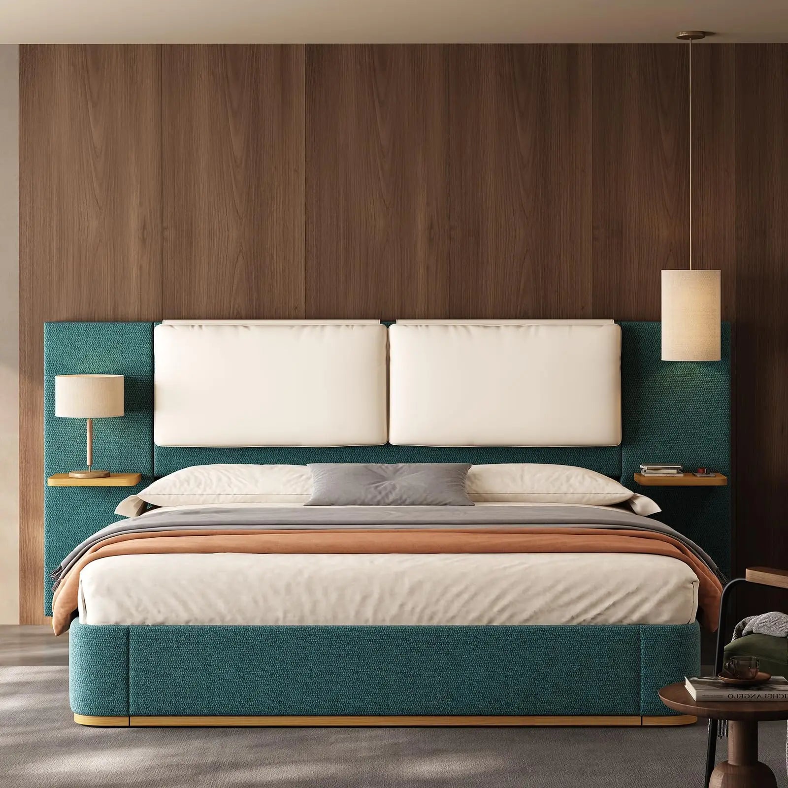 Queen Size Upholstered Bed Frame with integrated Shelves,Thick Headboard and Footboard,Wooden Structure Solid, Noise-Free,No B