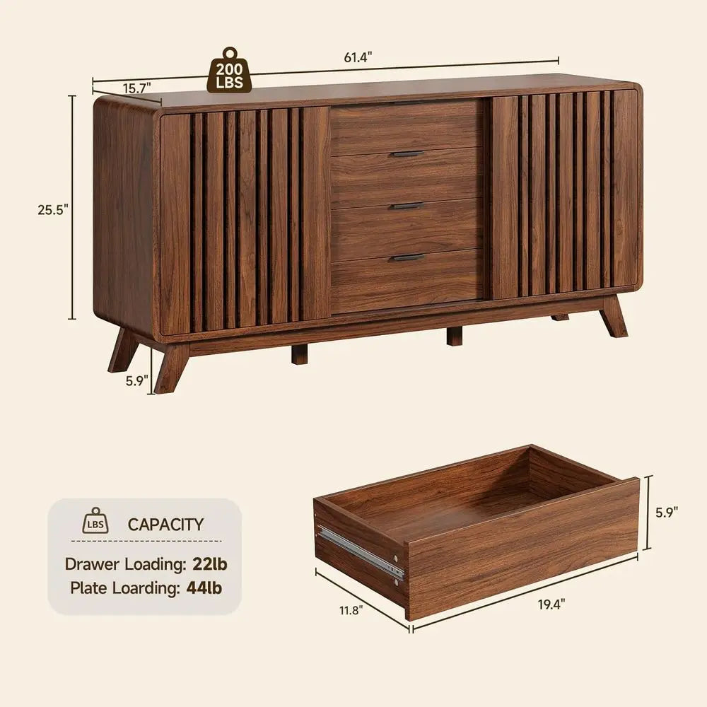 Walnut Sideboard Buffet Cabinet with Sliding Doors and Storage for Living Room or Kitchen