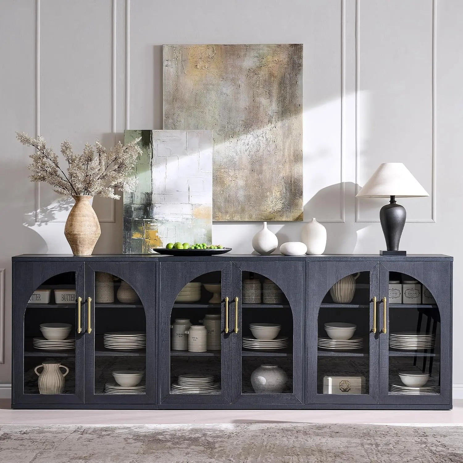 Fluted Arched Door Sideboard Set of 3, Accent Cabinet with Adjustable Shelf, Wood Storage for Dining & Living Room, Customized