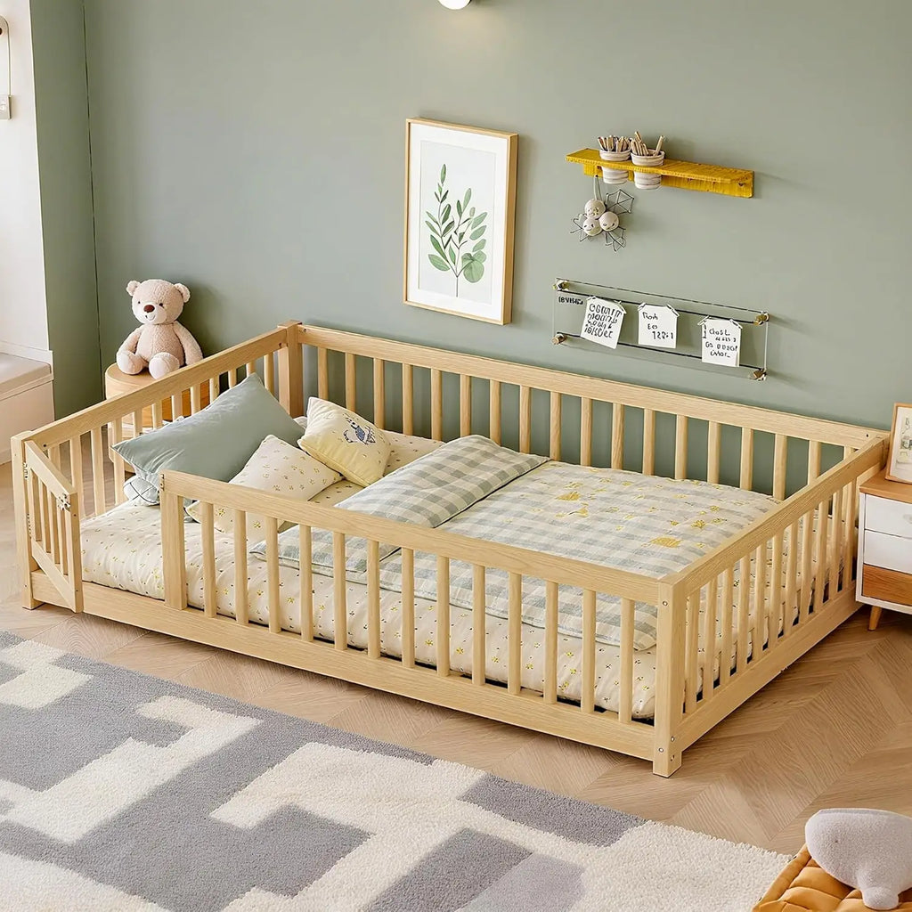 Full Size Montessori Floor Bed Frame with Rails & Door