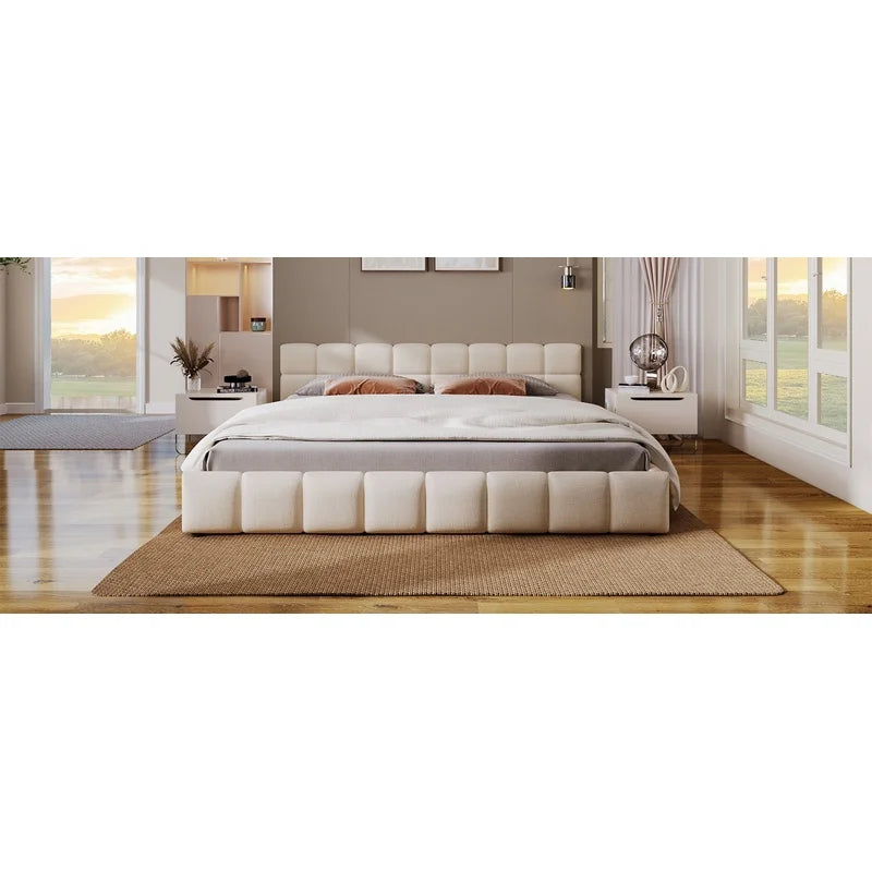 Elegant Beige Chenille King Bed with Checkerboard Pattern