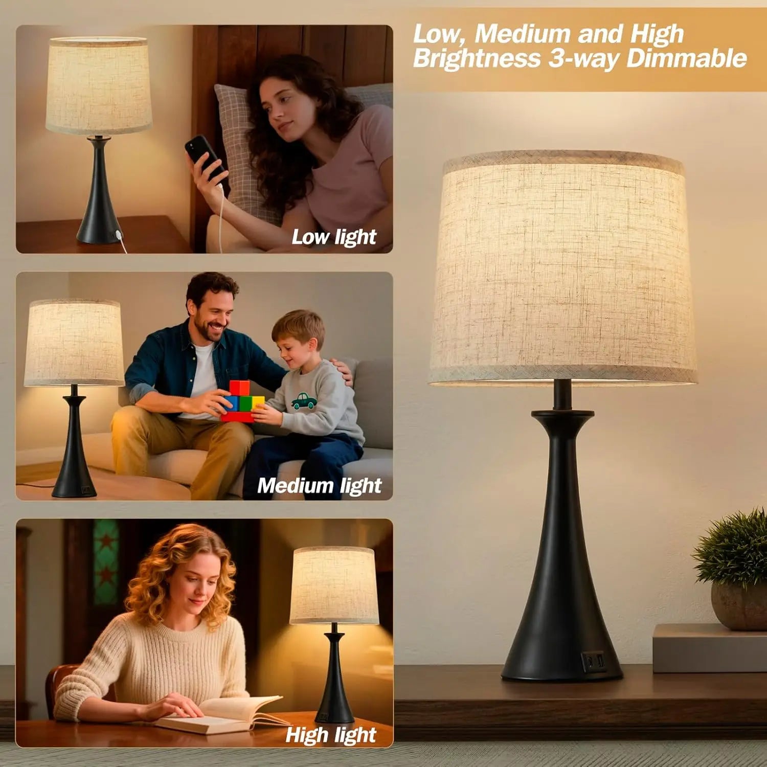 Touch Lamp , 21" Table Lamps Set of 2 with USB C+A Ports,