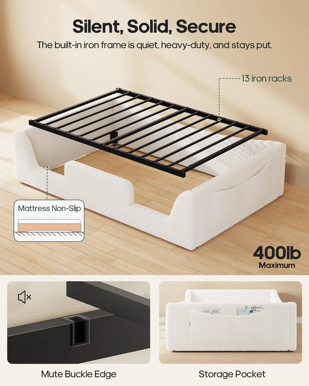 Twin Low Floor Bed Upholstered Curved Slats