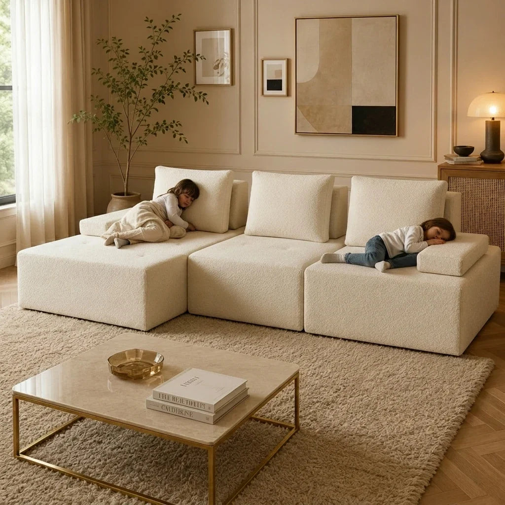 Modern L Shape Sectional Sofa Cream White Fabric Deep Seat Cloud