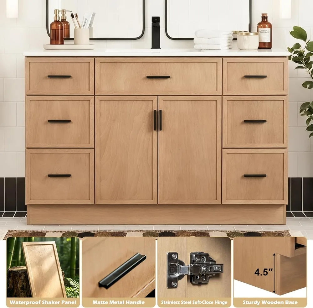 48" Bathroom Vanity with Sink, 6 Drawers 2 Doors, Freestanding, Ceramic Basin, Floor Standing Storage