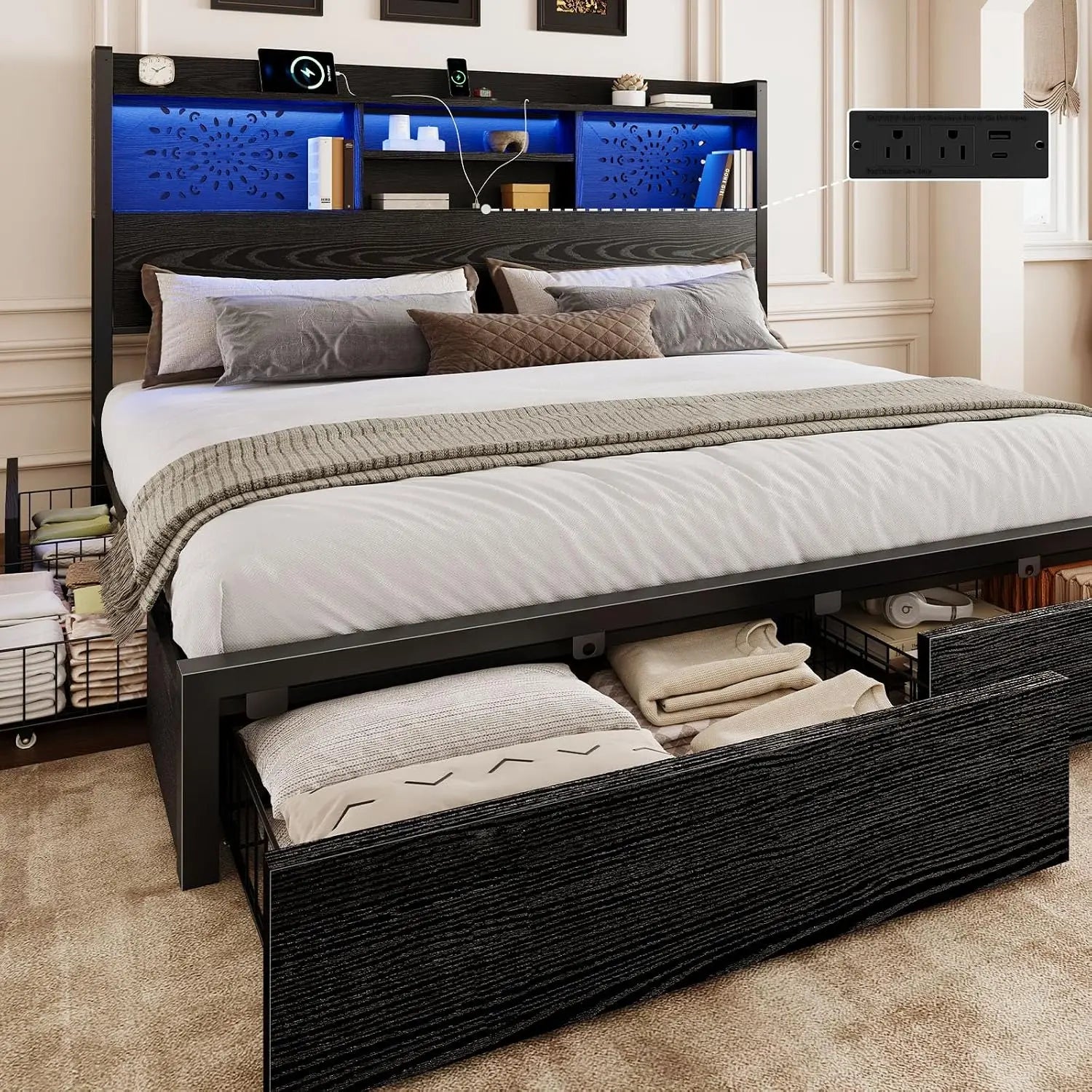 King Bed Frame with 6 Storage Drawers and Carving Headboard,