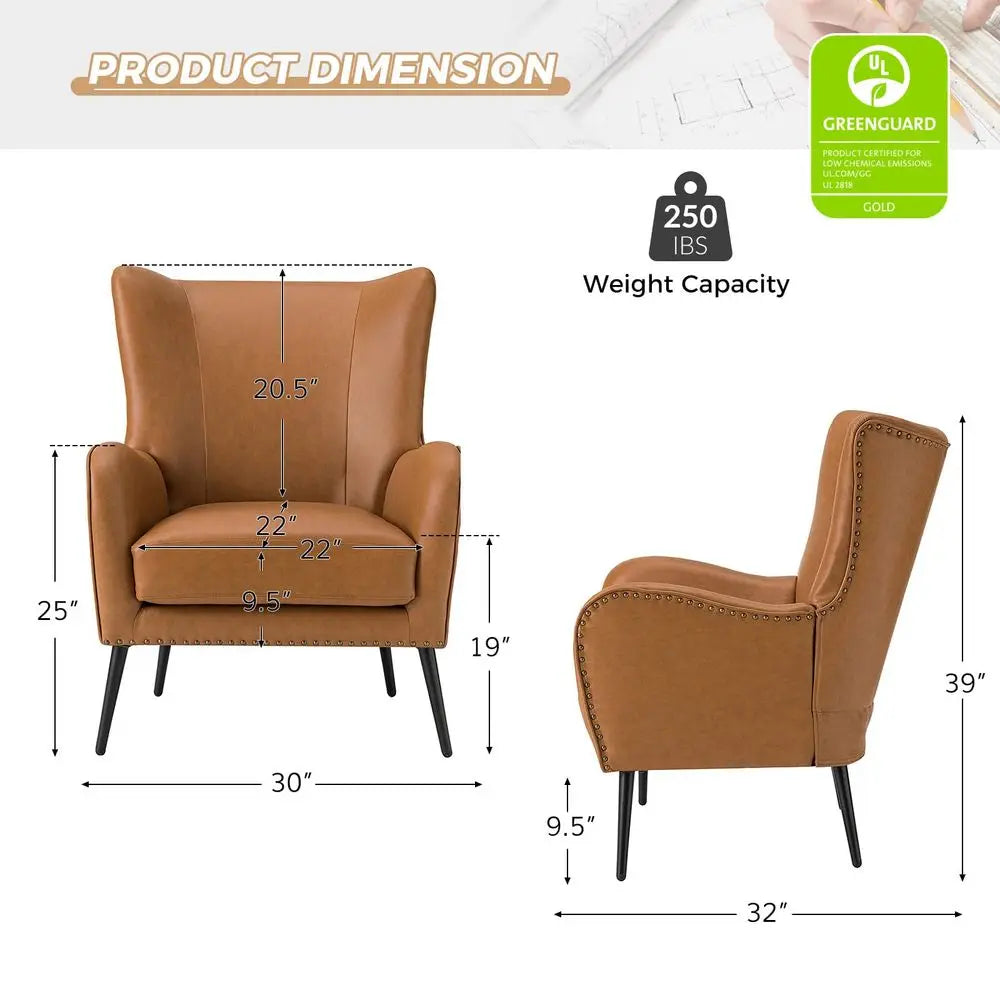 Faux Leather Accent Chair with Removable Cushion, Comfy Upholstered Armchair with Black Metal Legs amp Nailhead Trim Wingback V