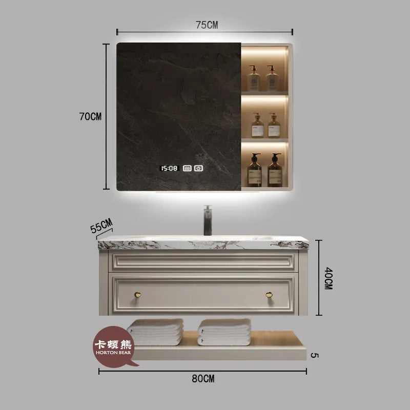 French-Style Seamless Integrated Double Basin Oak Bathroom Vanity
