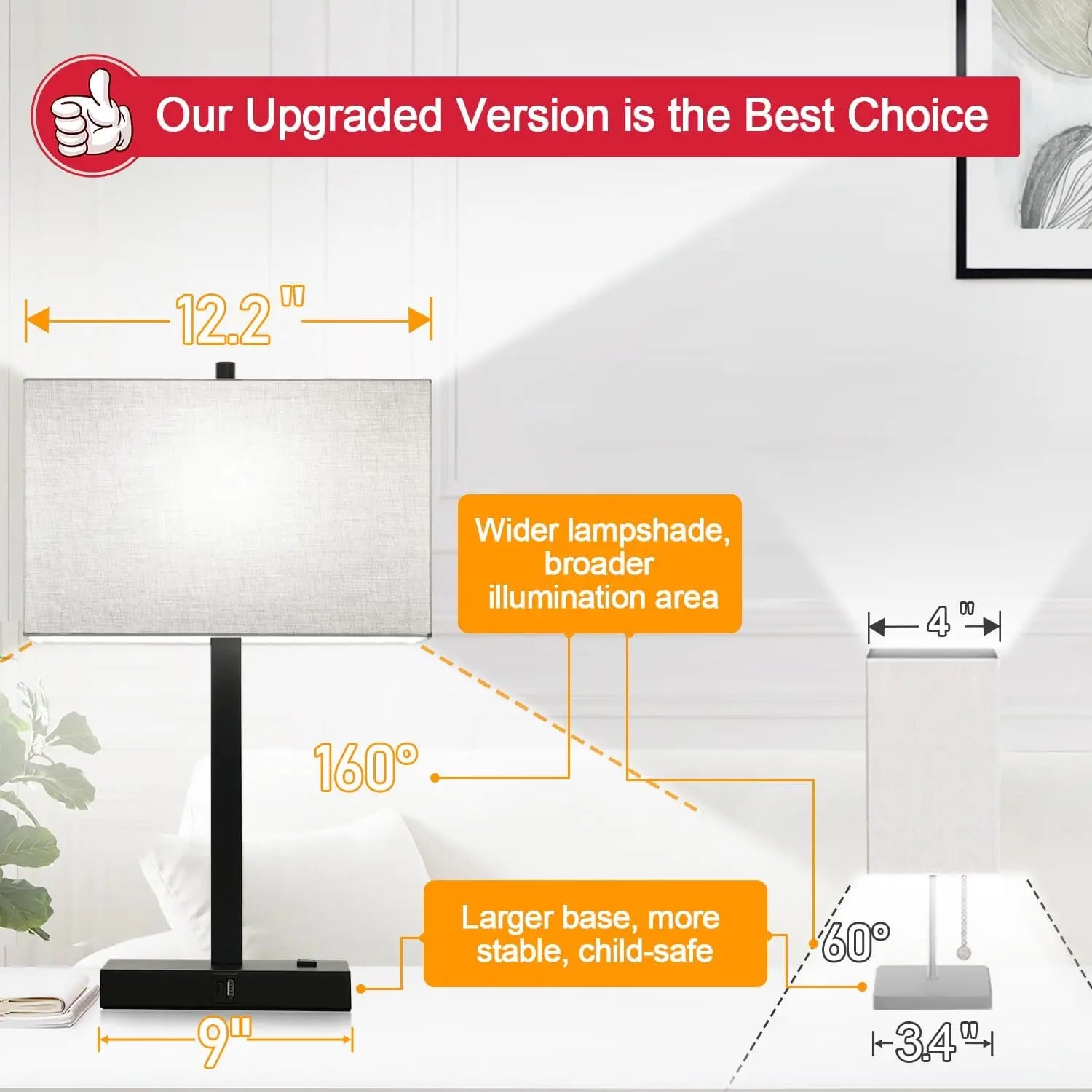 21" Touch Bedside Lamps with 2 USB & AC Outlets,