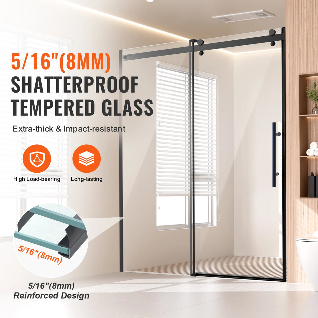SucceBuy Frameless Shower Door 58-59Wx75H 5/16"SGCC Waterproof Shatterproof Stainproof with Stainless Steel Hardware Matte Black