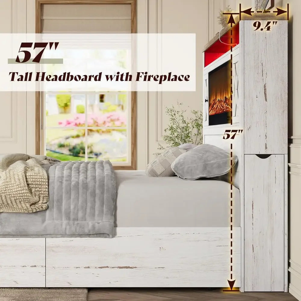 Fireplace Bed Frame King with Headboard, Barn Door Cabinets